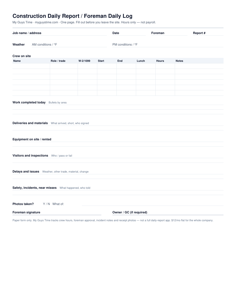 construction daily report template, one page